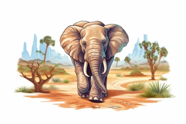 cute baby elephant walking through the dessert with its siblings Clipart, On White Background, Spaced out, Vector Graphic,