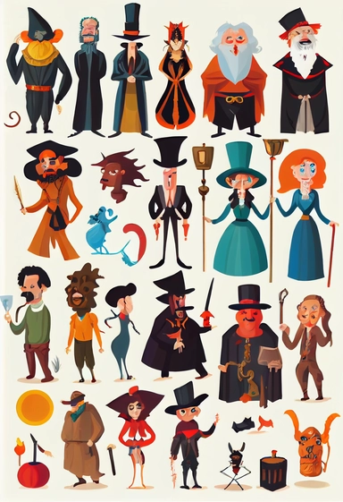 full-body vector illustrations of swindlers, monks, demons, mythological characters, disguised people, magicians, fools, lunatics, soldiers, priests, devils, fauns, angels, jugglers, cops, clowns, madmen. Bizarre, whimsical, random, victorian, theatrical, funny, stylish. Colorful clipart collection, white background
