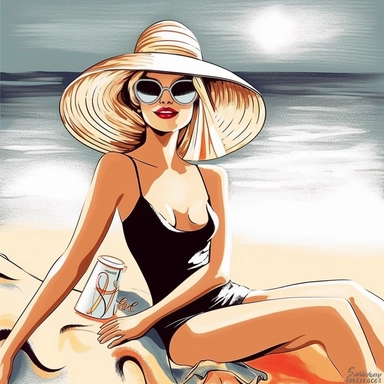 portrait view, full view, clipart illustration, beautiful lady sunbathing on beach, exact image, sharp focus, high detail, (--iw 5)