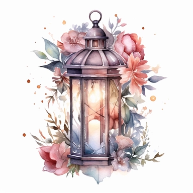 A watercolor clipart showcasing a lantern filled with twinkling fairy lights, surrounded by floral elements, evoking a magical and ethereal cottagecore ambiance , minimalist ,isolated white background,8k