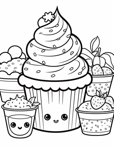 Kawaii Cake Icecream with delightful designs and flavors, like blueberry, chocolate chip, and banana For Simple Coloring page,line art, thick lines, black and white,clipart, illustration, on white background,margin Page 10px