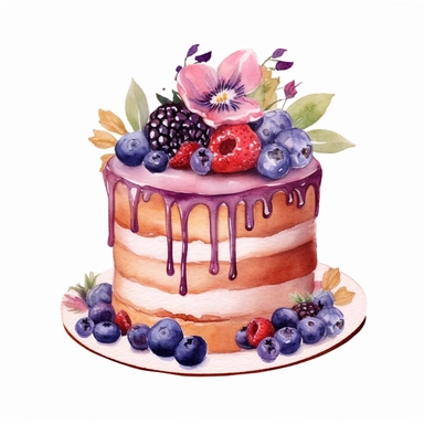 clipart, isolated on white background, Watercolor cake with flowers and berries, purple pallette, ornated, pastel colors