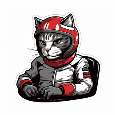 and clipart image of a mean looking tanish grey cat with black spots and white stomach cat sitting in the driver seat of a drift car with an automotive racing helmet on and a red racing suit