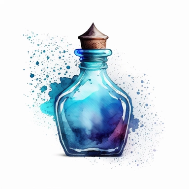 Watercolor potion bottle: Paint a narrow, glass potion bottle that is empty with cerulean colored liquid. Use watercolors to create a soft, dreamy effect. Clipart. Sticker. White background.