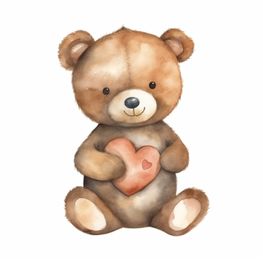 adorable brown teddy bear holding a heart, hand painted, watercolor, clipart, white background,