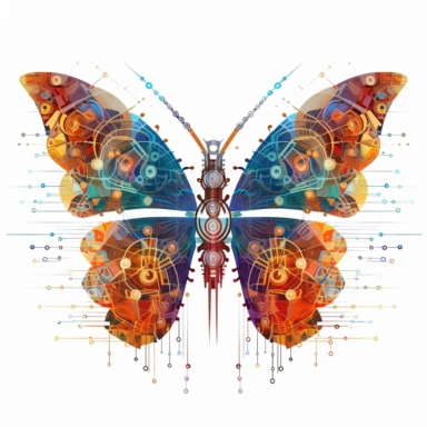 clipart of geometric butterfly, matrix code, intricate, vibrant chakra colors, sacred geometrical patterns, on white background