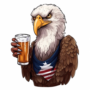 bald eagle drinking a beer, cartoon style, clip art, white background