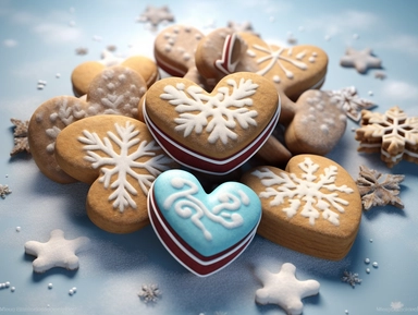 A 3D clipart of festive Christmas cookies arranged in a heart shape on a snowy background.