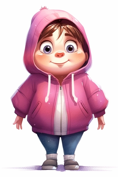 4 year old cartoon Pretty, cute cartoon chubby girl, wearing pink hoodie with mischievous smile. The lips curl slightly upwards, forming a grin and harboring secret with the hand high up to the sky. Pixar childrens book cartoon style, detailed, modern, urban, watercolor, full color, flat color, white background, children book illustration. Watercolor clipart. Pixar animation