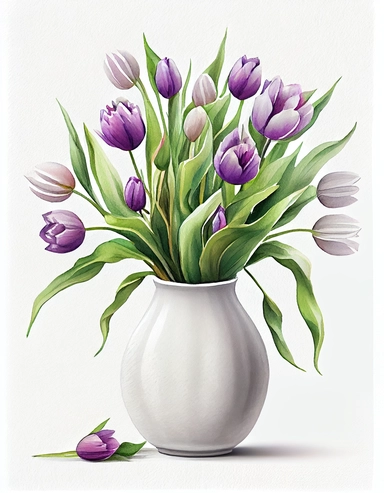 detailed vibrant watercolor bouquet of purple tulip flower in white ceramic vase white space , isolated on white background, realistic, clipart