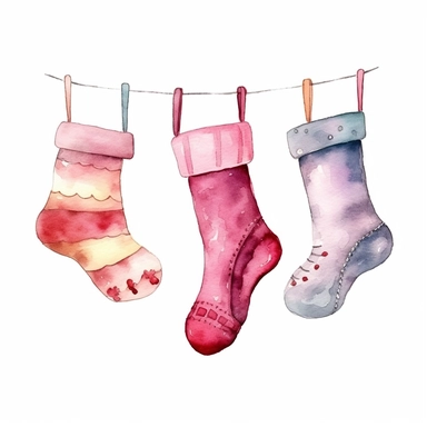 watercolor style, hanging Christmass socks, clipart,On White Backgroud