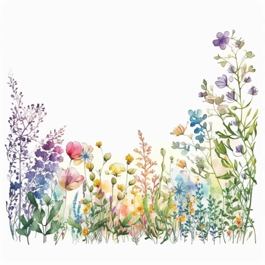 pastel color high resolution many field blossoms and flowers, floral bottom low border, watercolor clipart, white background