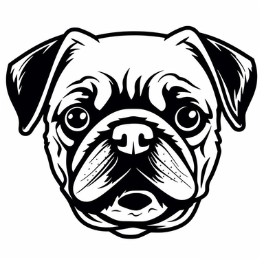 Simple outline of a front - facing crooked head happy Pug dog head peeking with front paws, cute clipart, flat 2d vector, minimalist, black and white, kids cartoon, svg cut file, line art drawing, white isolated background