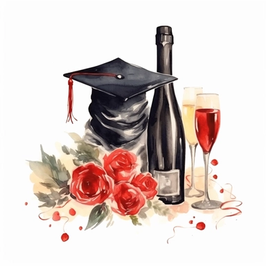 black graduation cap, black graduation gown, red roses, diploma, Champagne, champagne glasses, balloons, diploma and grad cap, in watercolor style, clipart, hand drawn painting style