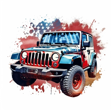 Military jeep equipped for USA independence day, painted in flag colors, Pixar style, vibrant colors, clipart with white background, - - v 5