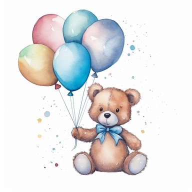 Watercolor Cute Teddy Bear Holding ballons Cliparts,minimalist, isoiliated white background