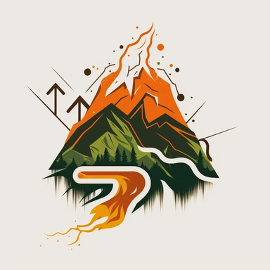 symbole flash electrique séparant une montagne en deux, clipart, couleur orange et vert, minimaliste et cascade