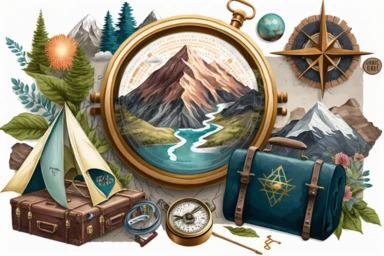 clipart with a wanderlust theme, featuring illustrations of mountains, compasses, and adventure gear, reflecting millennials and Gen Z's love for travel and exploration