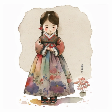 a cute little girl is wearing Korea traditional dress Hanbok. watercolor clipart, the skirt layers are designed to create a full and flowing silhouette, rainbow color jacket, The jacket worn by women in the royal family has long sleeves that are wide and 