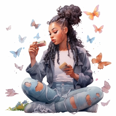 Watercolour Black teenage girl eating ice cream, Clipart, braids, busy park, surrounded by butterflies, pigeons, , hd, white background, spaced out, pastel colors, cartoon realism