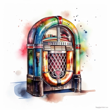 Create a watercolor clipart of a classic jukebox, perfect for retro music designs and vintage diner-themed projects. In HD on a white background.