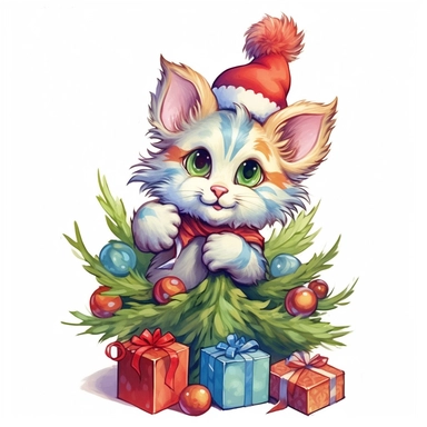 cute christmas cat with tree clipart, in the style of jody bergsma , in the style of quirky characters and objects