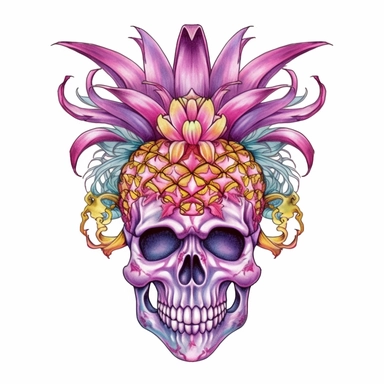 watercolor sultan aliyah tattoo pineapple flower, in the style of colorful cartoon, skull motifs, joe jusko, light orange and magenta, ritualistic masks, organic material, manapunk Clipart desert cartoon t-shirt graphic, vector,contour, isolated on a white background