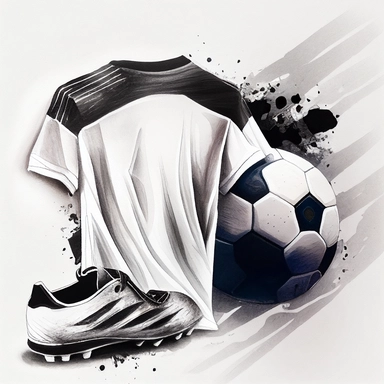 a watercolour drawing of the back of a white soccer shirt with black trimming, a black and white soccer shoes next to a black and white soccer ball lay in front, black and white, unbranded. painting, photorealistic brush strokes, geiger art, watercolor, ,