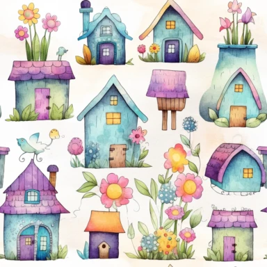 Draw a watercolor-style clip art images that feature objects related to an aesthetic adorned with floral designs. The images should have aesthetic, and should incorporate elements such as big houses and small houses, clipart style, vector, logo, cute, golden, purple, teal, pink, lite blue, picture book style, children's lesson book, captivating, kid friendly cute character, black and white, coloring book style, cartoon style, vector image, simple, line art style, character, white background ipat