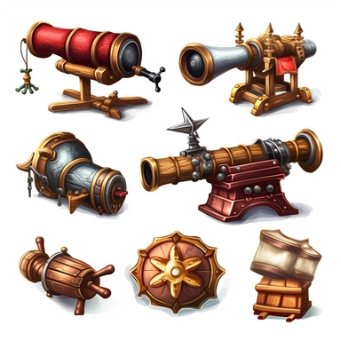 Design cute semi-realistic 3d Cannon and other pirate weapon clipart, on white background