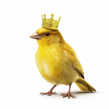 A canary wears a very beautiful gold crown white background, realism, on a transparent, I can't believe how beautiful it is, no isolate, 32K Brown Xenopus, 3D image, cartoon style, crispy clear look, side view, white background no blur no watermarks, clipart,
