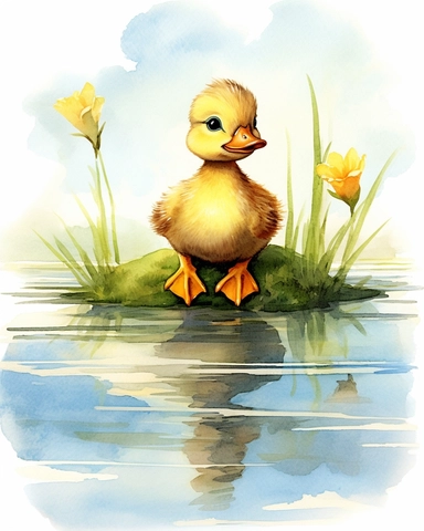 Artwork in the style of Cicely Mary Barker, clipart, whimsical watercolor illustration of a cute and happy little Duckling paddling in a pond under a spring sky, watercolor clipart, Book Cover illustration, Hyper HD