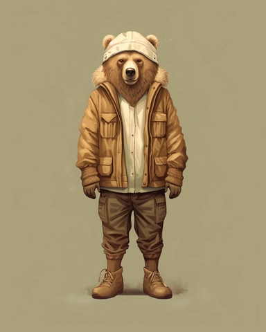 brown bear in a white tracksuit ,wearing a hat,full body shot,with jean jacket,brown pans,boots,scarf,contrasting colors,style of Anna Süßbauer and Jon Klassen,vector, realistic hyper-detail, in the style of victorian-inspired illustrations,realistic shading, pictorial fabrics, contest winner, organic designs, on a plain white background, clipart, masterpiece, trending on Artstation and Dribbble.