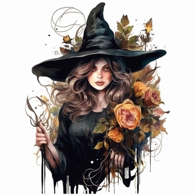 dark arcadia witch clip art, watercolor, magic, fantasy, roses, glowing details, witches broom