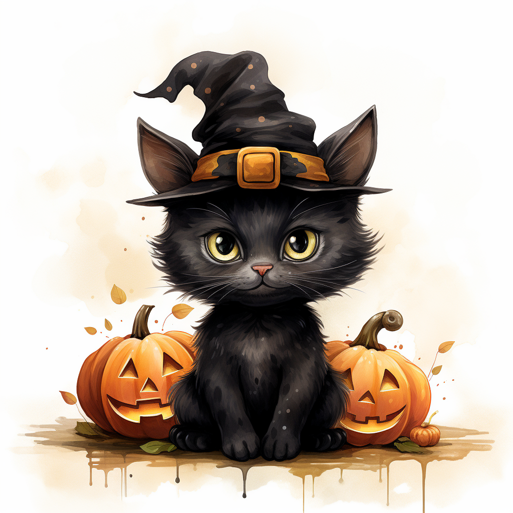 Hand drawn , halloween little balck cat with polka dot pumpkin clipart ...