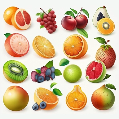 beautiful, 10 fruit stickers collection, clipart design, cartoon, 4k, white background, photo realism