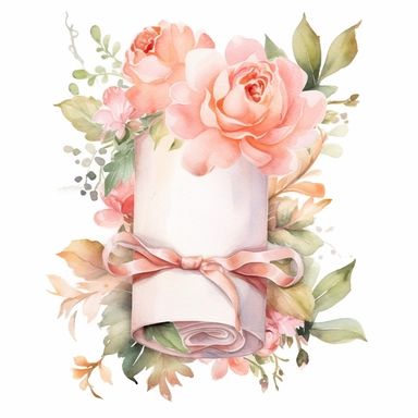 paper scroll with pink ribbon roses and other flowers clipart elements watercolor, white background
