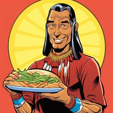 American Indian holding a roast beef sandwich mascot, deli style logo, comic strip clipart, artwork by Bruce Timm, style of Neal Adams