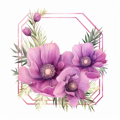 dark Magenta anemone flower bunch, watercolor, clipart, highly detailed, HD, flowers arranged in a square-shaped frame