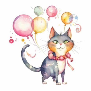 Lovely watercolor clipart of a playful cat with a bubble wand, capturing the joy and happiness of pets, with delicate colors and intricate details, perfect for a wall art print, whimsical and charming, high-quality illustration, hand-painted with love, elegant and sophisticated.