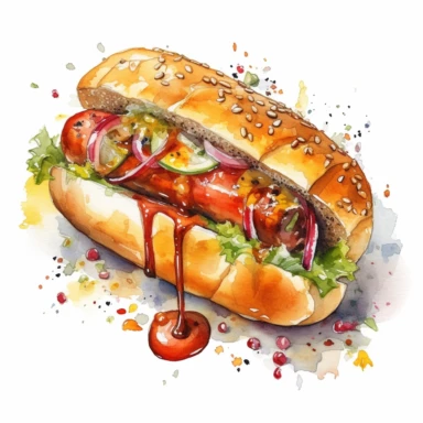 jamy tasty hotdog, roasted onion, mustard and ketchup in brioche with sesame, white backgroung watercolor painting, mixed media, isolated, Extremely detailed, white backgroud, clipart