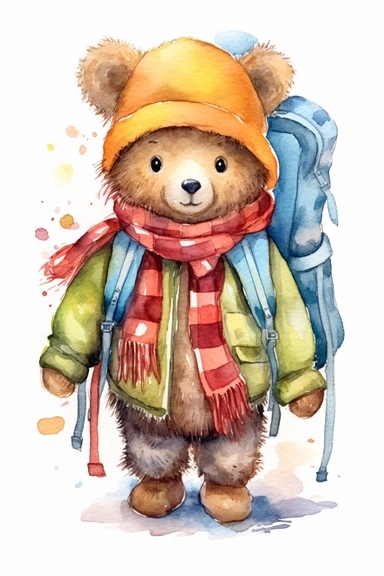 A cute adorable Teddy Bear go to school,clipart, wearing a backpack, Watercolor clipart in the style of nursery art children book character, hand drawn,perfect for a gender-neutral nursery, high-quality, centered in the middle of the image, in the adapted style of marc chagall.