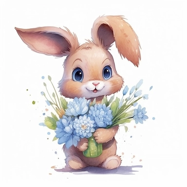 Subject: a cute watercolor bunny with bunch of pastel color flowers in hand Clipart in Transparent Background Type of Image: Digital Illustration Art Styles: Realism, Cartoon Art Inspirations: ArtStation, Behance Camera: N/A (Digital Illustration) Shot: N/A (Digital Illustration) Render Related Information: N/A (Digital Illustration)