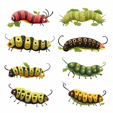 Caterpillar Set Closeup Isolated on White Background. Design Template, Clipart of Caterpillar Detailed Caterpillar in Various Shapes, HD,
