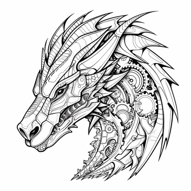 minimalist epic dragon mechanical, simplified, iconographic symbolism, clipart in coloring page style, black and white, white background