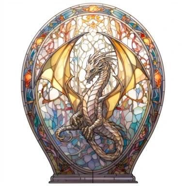 Gothic arched doorway window with a captivating stained glass-inspired dragon artwork clipart on a white background. light colors simlisistic design Translucent effects add enchantment to the dragon within the arched doorway window.