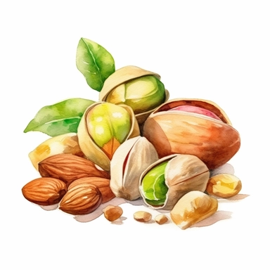 picturesque, simple, bright, the best simple mixed nuts, almond, cashew nut, pistachio, peanut, macadamia nut, in the world, clipart on white background, watercolor, painted by Beatrix Potter, 8k,