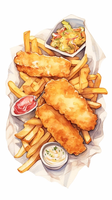 A delightful watercolor, hyper - realistic clipart image with a white background and white margins, showcasing a plate of crispy fish and chips. The ultra - detailed, hand - drawn elements capture the golden batter and tender fish. Use whimsical touches to add a sense of freshness, and bold shades of yellow and brown to evoke the comforting and satisfying nature of this classic fast food dish,--v 5.1