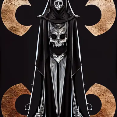 medieval character concept, black cloaked mercenary, representing death, feminine form, png, png cut out, dark blacks, intricate detail, symmetrical design clipart,