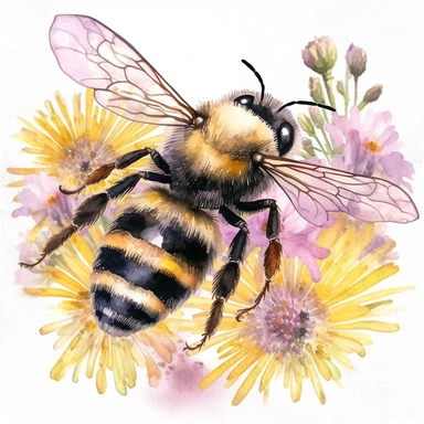 A charming watercolor honey bee clipart capturing the beauty of spring garden bees, delicate honey bee painted in warm tones of yellow and black, fuzzy body and translucent wings are depicted with intricate details, hovers near a cluster of blooming spring flowers, such as daisies, tulips, and lavender, which are painted in vibrant and harmonious colors, soft and dreamy atmosphere, each illustration focuses on the exquisite details of the honey bee, showcasing its unique beauty and importance in
